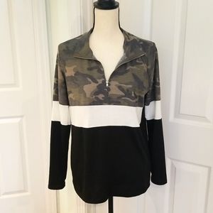 Pink Lily Colorblock Camo Quarter Zip Pullover